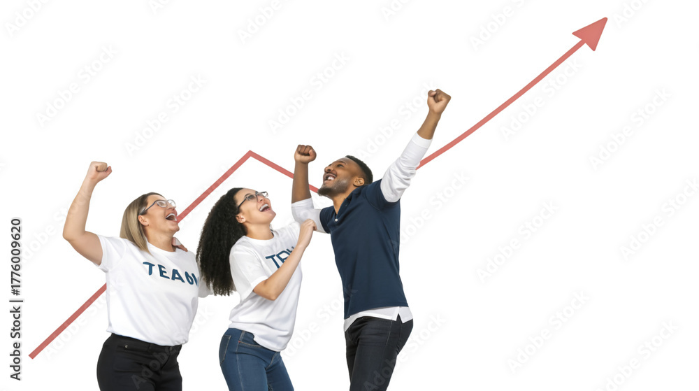 Obraz premium Diverse team celebrating success and achievement standing in front of a massive upward growth arrow isolated on transparent background