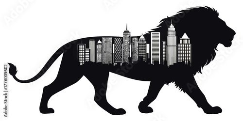 Lion silhouette filled with cityscape skyscrapers buildings and architecture in black and white design | editable eps vectors