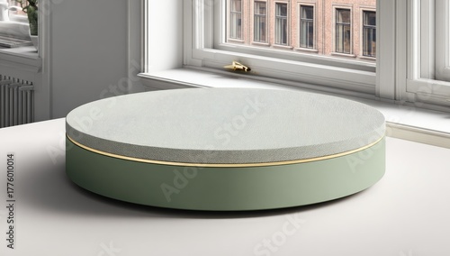 Minimalist round display stand with light grey top and sage green base.