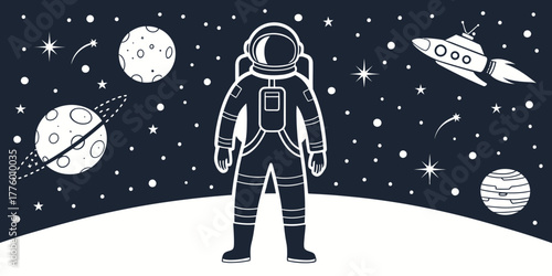 Astronaut standing on a planet with spaceship stars and planets in a dark space background scene | editable eps vectors silhouette