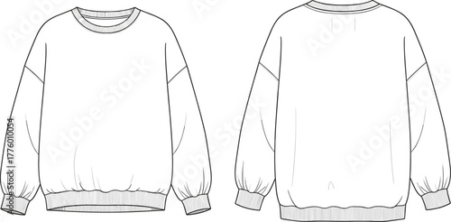 Casual sweatshirt front and back view, cozy winter fashion apparel design, unisex clothing template, modern streetwear concept, detailed cad drawing, flat vector illustration