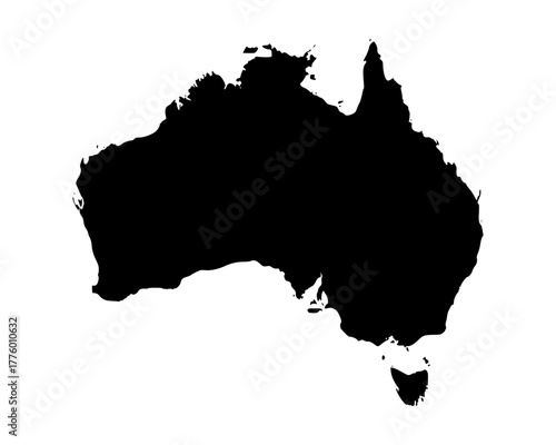 Flat black vector outline of Australia, modern minimalist silhouette map design with detailed geographic shape illustration