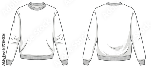 Technical flat vector illustration of long‑sleeve crewneck sweatshirt front and back view with ribbed cuffs hem neckline for fashion design mockups apparel template