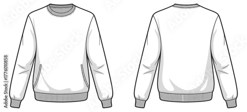 Technical flat vector illustration of long‑sleeve crewneck sweatshirt front and back view with ribbed cuffs hem neckline for fashion design mockups apparel template