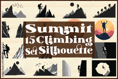 Mountain climbers conquer peaks in silhouette art
