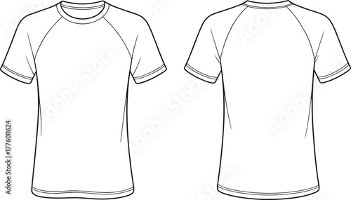 Classic short sleeve t-shirt technical flat sketch, fashion CAD vector illustration, front and back view, casual unisex apparel design template