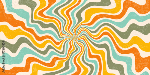 Retro radial background with pattern of groovy spiral wavy rays. Psychedelic summer bg. 70s abstract striped poster. Funky sunburst backdrop. Vector illustration