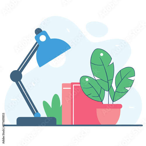 A cozy home office workspace with a desk lamp, stacked books, and a houseplant on a light background