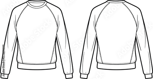 Classic unisex sweatshirt with raglan sleeve design, casual pullover fashion template, detailed technical apparel flat, cad drawing vector illustration