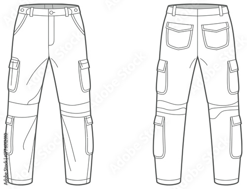 Technical flat vector illustration of men’s cargo pants front and back view with flap pockets and detailed stitching for apparel design specs