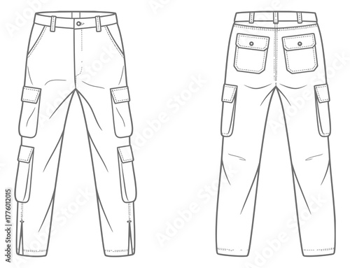 Technical flat vector illustration of men’s cargo pants front and back view with flap pockets and detailed stitching for apparel design specs
