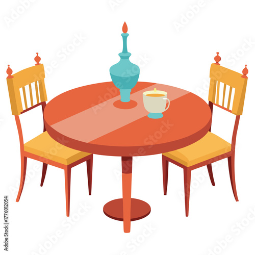 Cozy dining set with two chairs and a round table with a vase and teacup on a white background