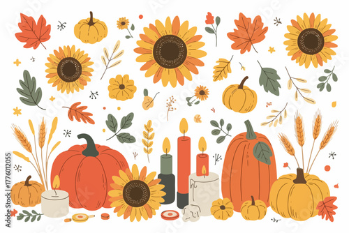 Autumn harvest decorations with pumpkins sunflowers and candles