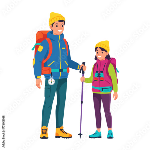Man and girl hiking together in outdoor adventure gear  