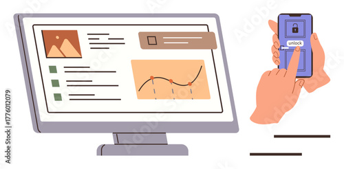 Desktop displaying analytical data, chart, and tasks. Hand unlocking smartphone via fingerprint. Ideal for security, multitasking, technology, productivity, analytics information sharing digital