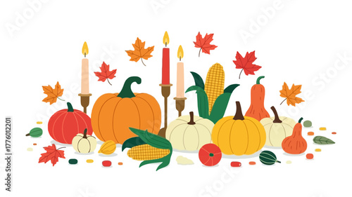 Autumn harvest thanksgiving decoration with pumpkins corn and candles