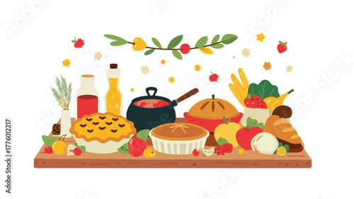 Abundant harvest feast display with pies and fruits