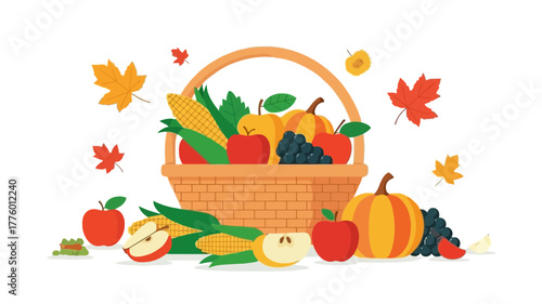 Autumn harvest basket overflowing with fruits and vegetables