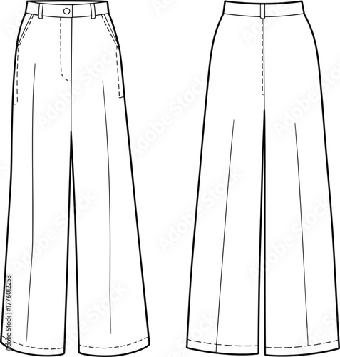 Classic women wide leg pants CAD fashion flat sketch, technical clothing vector template, stylish trouser design illustration for apparel design