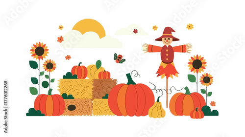 Autumn harvest scene with scarecrow and pumpkins