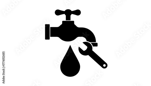Black silhouette of a faucet with wrench fixing dripping water, set against a white background