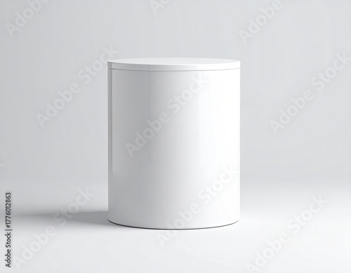 Glossy white, plain, cylindrical container on a clean white set