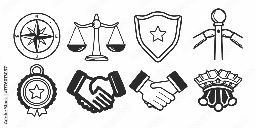 Fototapeta premium Illustration featuring a compass, scales of justice, shield, stanchion, medal, handshake, and crown icons