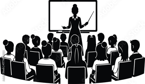 Classroom scene with teacher and students, education concept, lecture, learning, teaching illustration, training, academic, seminar, blackboard