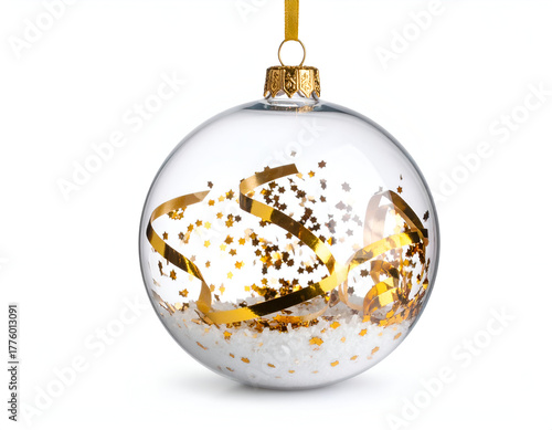Sparkling clear glass ornament with gold confetti and ribbon, nestled in white glitter, isolated on white, perfect for festive holiday decor