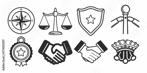 Illustration featuring a compass, scales of justice, shield, stanchion, medal, handshake, and crown icons