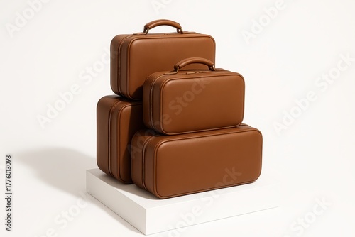 Staggered stack of modern leather suitcases with rounded corners placed on a matte white acrylic block clean travel studio on white
