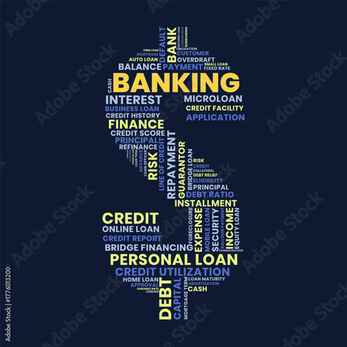 Banking and credit word cloud illustration, financial services and banking terminology in dollar sign shape