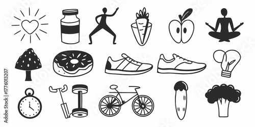Doodle style illustration showcasing healthy lifestyle elements and fitness activities icons set