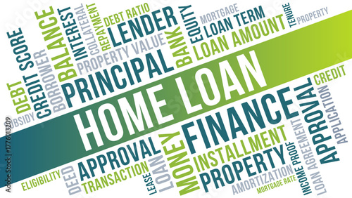 Home Loan and finance word cloud, home loan terms like principal, lender, and approval concept