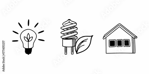 Illustration of a light bulb with a leaf inside, a spiral bulb, a leaf, and a house drawing