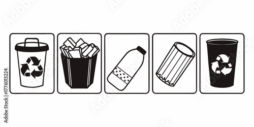 Illustration of five containers including recycling bins and a trash can with waste items