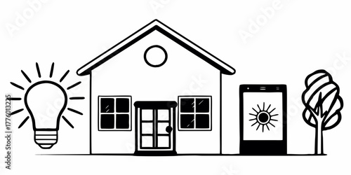 Illustration of a house with a light bulb, a smartphone and a tree in black and white style