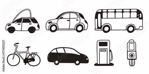 Illustration of diverse transportation methods including cars, a bus, bicycle, and gas pump in black and white