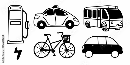 Illustration of a gas station, taxi, bus, bicycle, electric car and electricity symbol in black and white