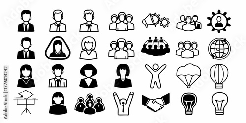 Illustration of various business and social icons including people groups and success related symbols
