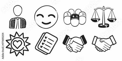 Illustration of business person, smiley face, pills, scale, sun with heart, list and handshakes