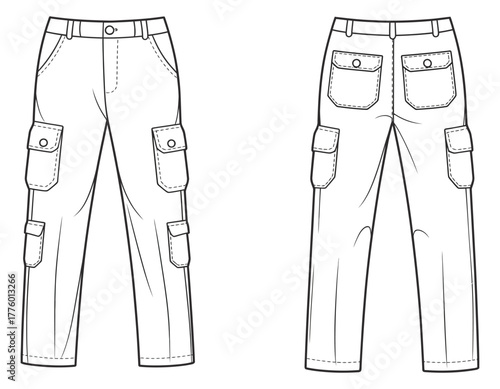 Technical flat vector illustration of men’s cargo pants front and back view with flap pockets and detailed stitching for apparel design specs