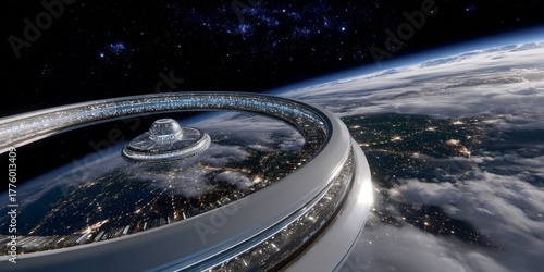 Fototapeta Naklejka Na Ścianę i Meble -  Futuristic space colony ring over earth with rotating habitat for advanced living solutions