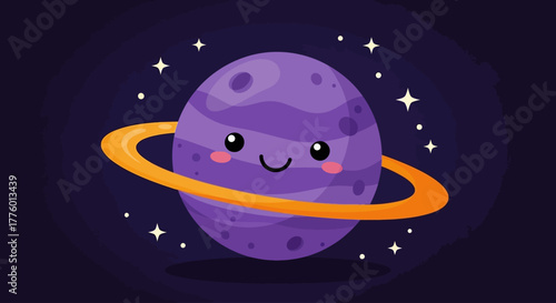 Cute Cartoon Purple Planet with Orange Ring | Space and Astronomy Vector Icon