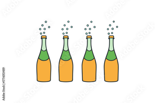 Champagne bottle popping with sparkling bubbles, vector illustration, isolated on white background