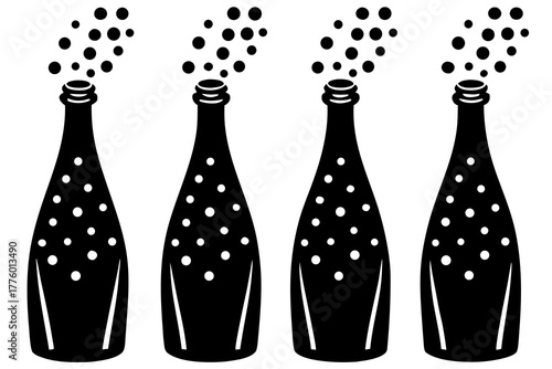 Champagne bottle popping with sparkling bubbles, silhouette   vector illustration