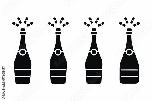 Champagne bottle popping with sparkling bubbles icon, silhouette   vector illustration