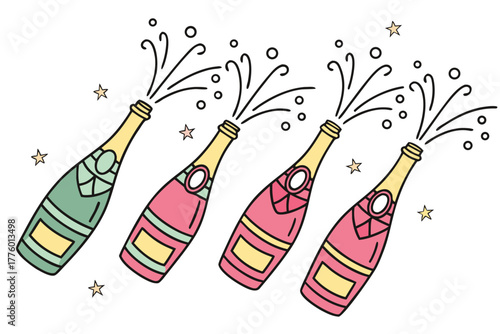 set of Champagne bottle popping with sparkling bubbles, vector illustration