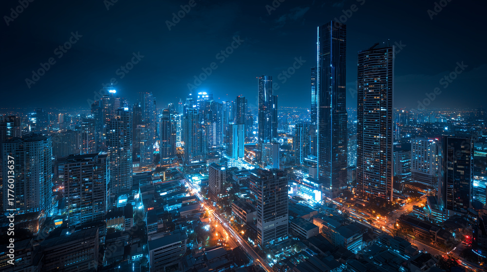 Fototapeta premium A dramatic night scene of a dense urban skyline illuminated by blue neon lights. Tall glass towers, glowing streets, and a vibrant metropolis vibe perfect for city, business, and technology visuals.