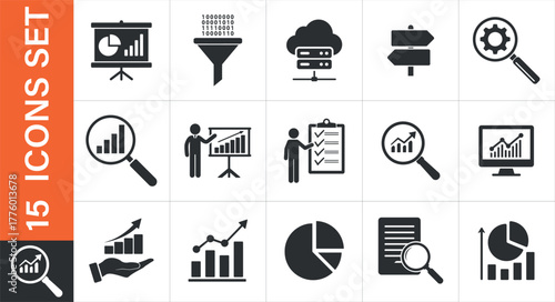 Business analytics icons set for data analysis and reporting, financial growth concepts. 
Set of data analysis and business intelligence icons isolated on white background